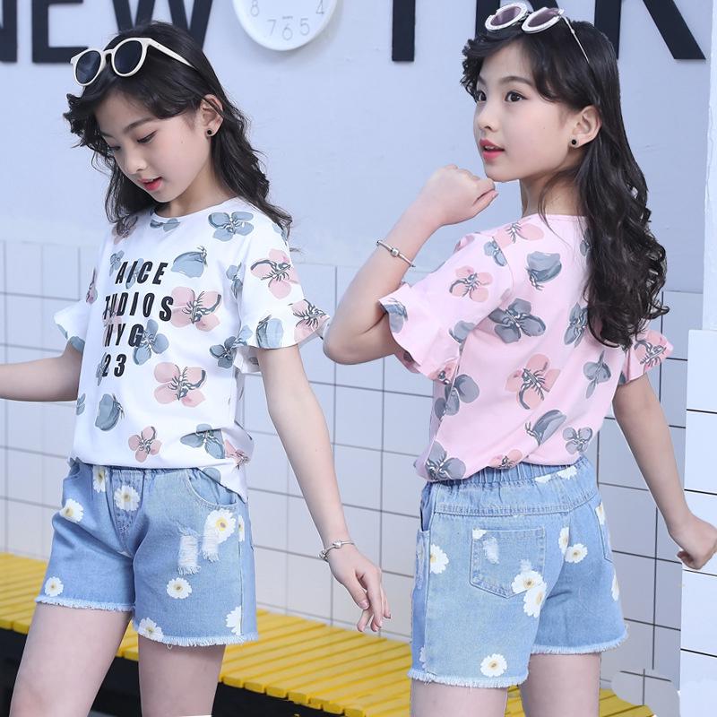 Set Áo Thun Ngắn Tay Cổ Tròn+Quần Short Jeans Thời Trang Cho Bé Gái 1-6 Tuổi
