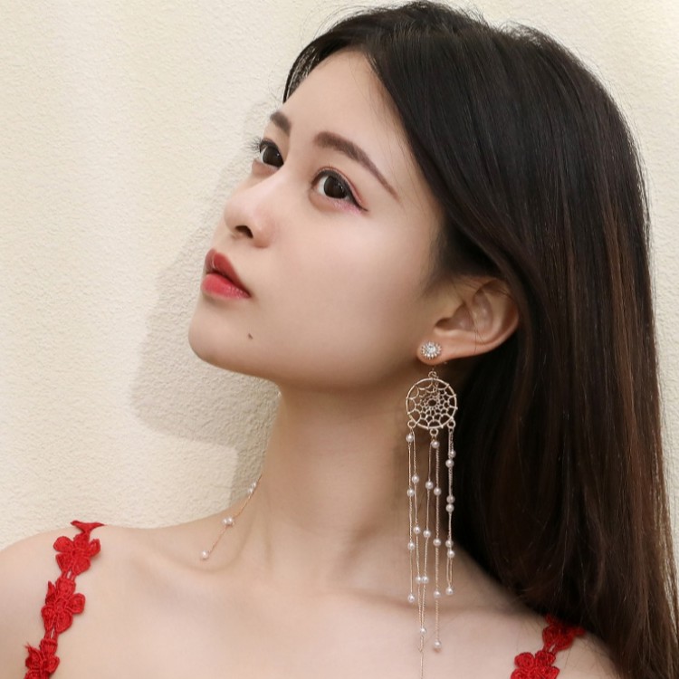 Hoa Tai Dáng Dài Đính Ngọc Trai Nhân Tạo Phối Nơ Phong Cách Hàn Quốc Cho Nữ