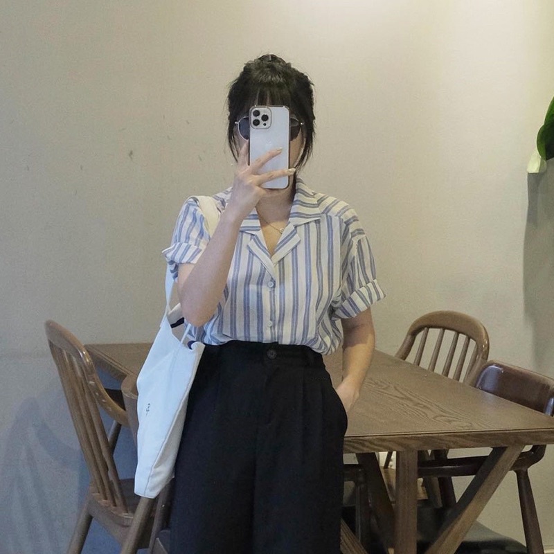 Áo Sơ Mi Nữ, Áo Cổ Vest Kẻ Sọc To Cộc Tay Style Hàn Quốc
