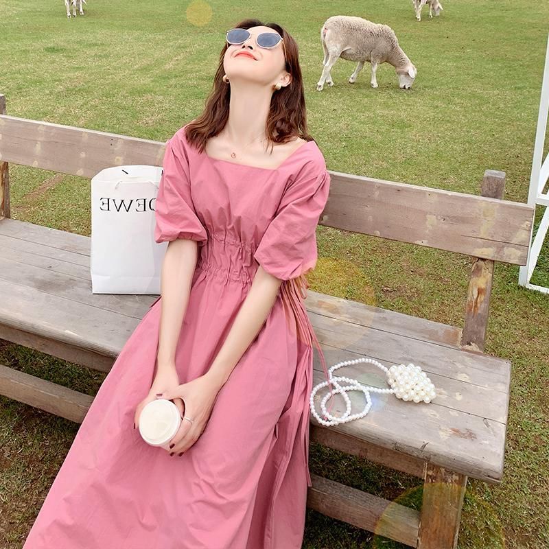 Đầm chữ A tay phồng cổ vuông thắt dây eo plus size phong cách retro Pháp