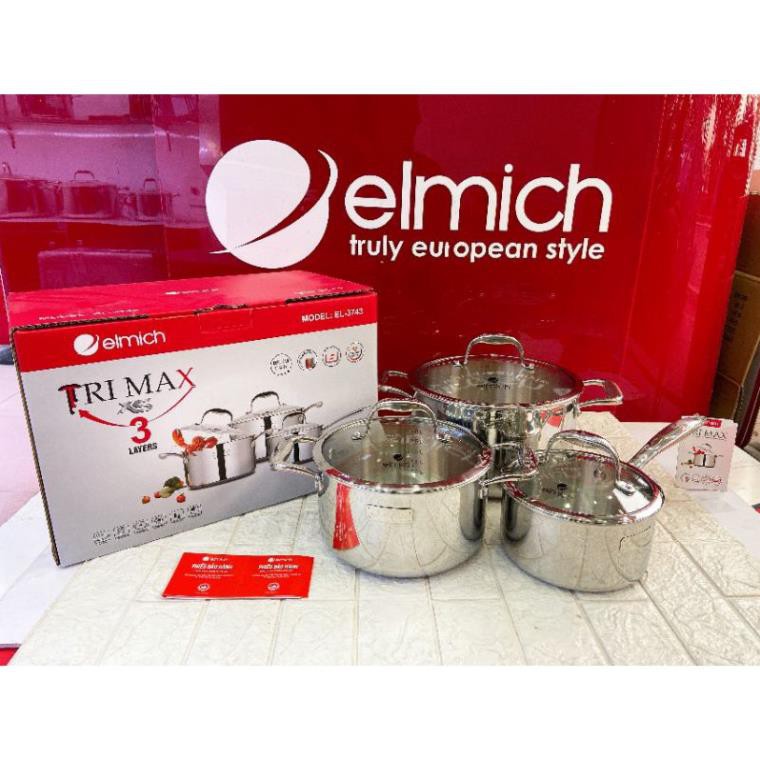Bộ nồi elmich Inox cao cấp 3 lớp đáy liền Trimax XS EL-3743 size 16, 20, 24cm