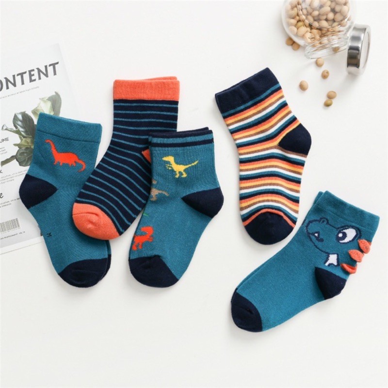 Set 5 Đôi Tất (vớ) cotton hoạ tiết hoạt hình cho bé trai từ 3 tuổi (size bàn chân từ 13cm-20cm)