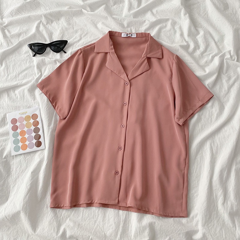 NUZIRO  Áo Sơ Mi Tay Ngắn Màu Sắc Đơn Giản Phong Cách Retro