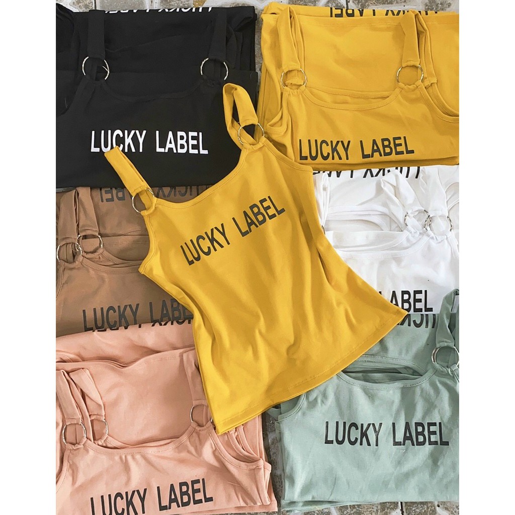 Áo thun 2 dây to bản in chữ lucky siêu kute