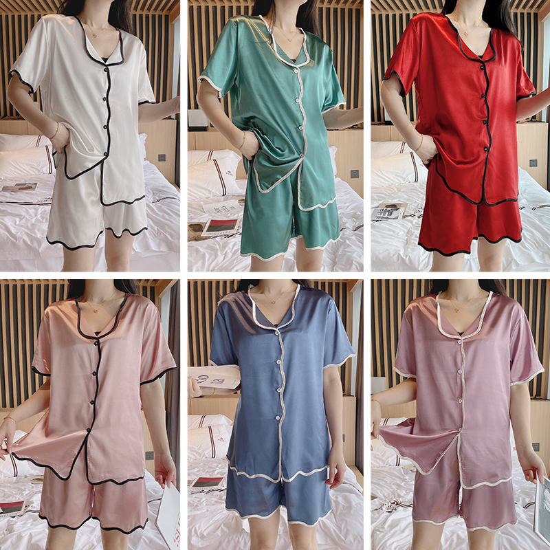 Bộ Đồ Ngủ Ngắn Tay Bằng Lụa Satin Phong Cách Hàn Quốc Cho Nữ