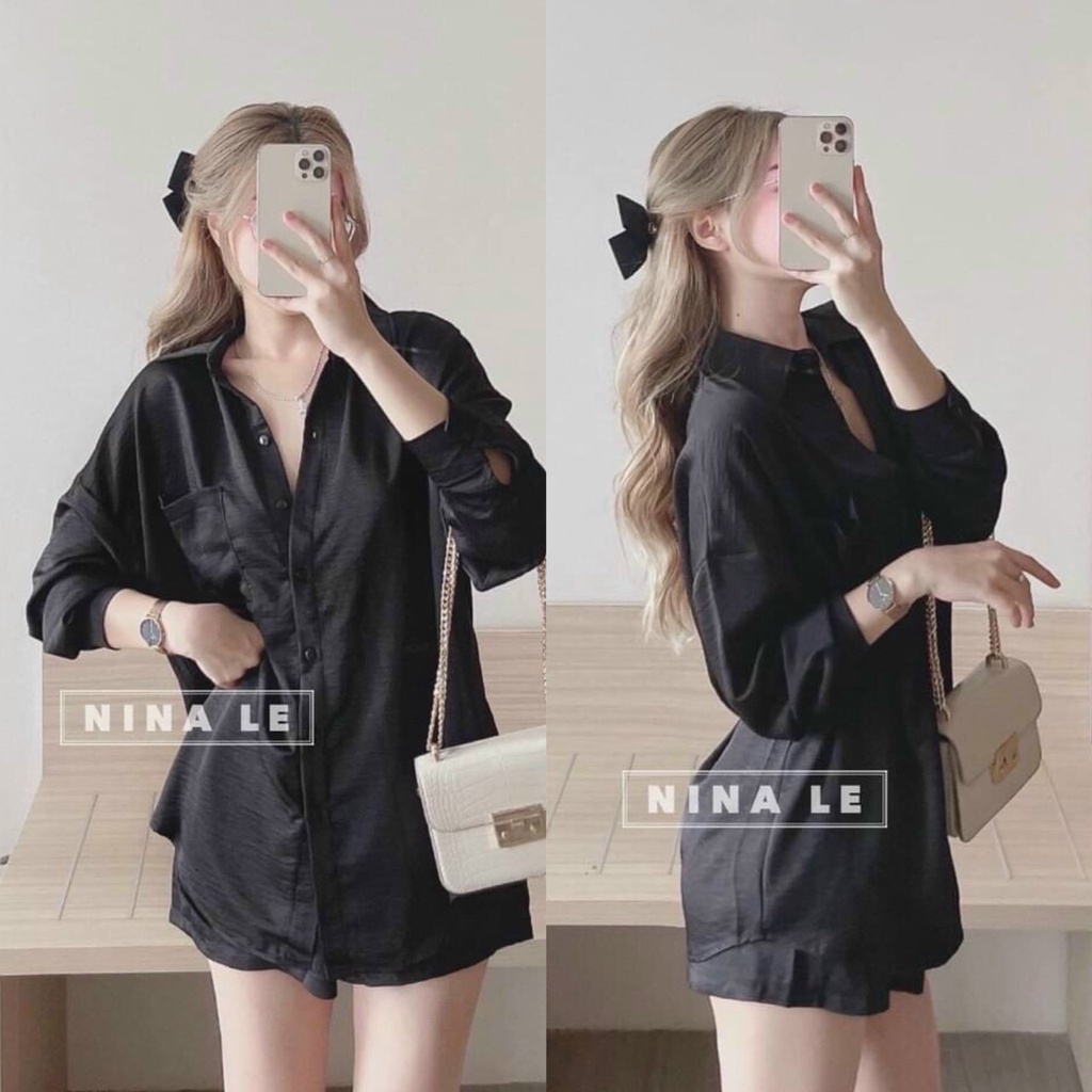 Sét bộ áo sơ mi tay dài phối quần đùi chất liệu tuyết nhung phù hợp cho mọi phong cách