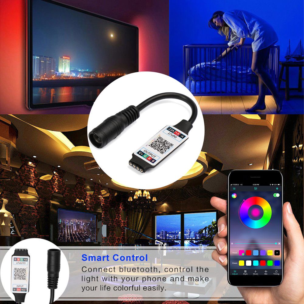 Bộ điều khiển đèn LED Bluetooth Mini RGB 3528 5050 Strip DC 5-24V cho điện thoại thông minh điều chỉnh độ sáng/ âm nhạc