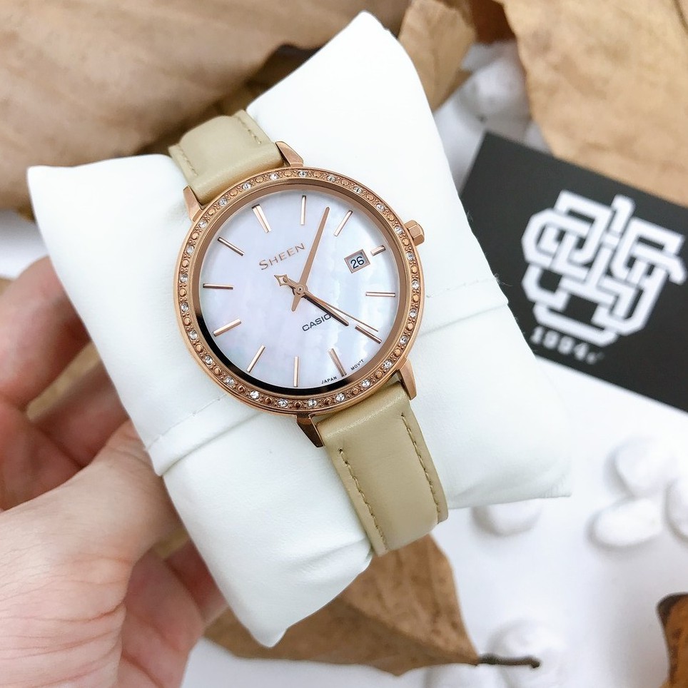 Đồng hồ nữ Casio SHEEN SHE-4052 / SHE-4052PGL-7B đính đá Swarovski, dây da thật, hàng chính hãng
