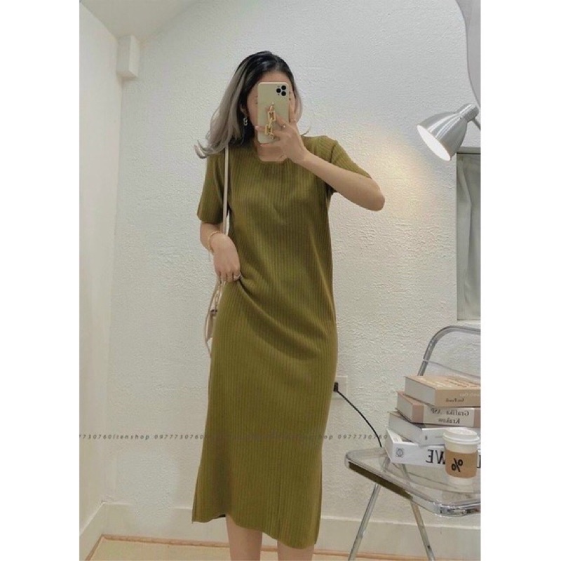 Váy len cổ tròn sọc gân dáng suông style Hàn