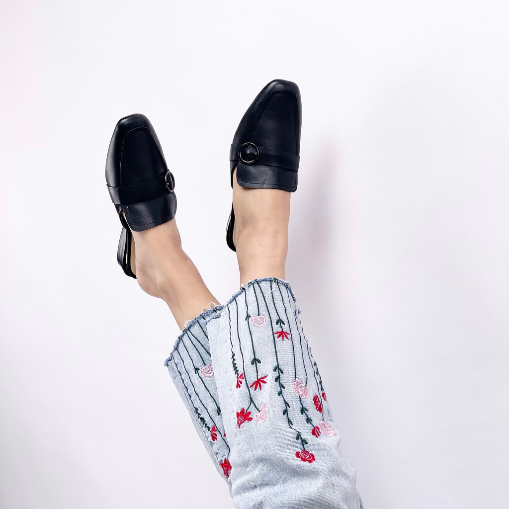 Sục nữ VNXK mũi vuông da thật, dép sục nữ đế bệt đai da khuy kim loại - Hàng VNXK - Kimy Store