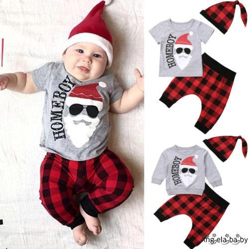 Set áo thun tay dài in hình ông già Noel; quần dài cho bé trai