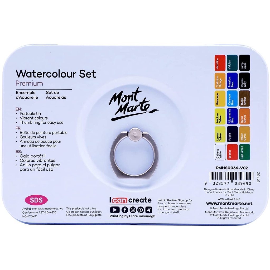 HỘP MÀU NƯỚC CAO CẤP 21 Ô MONT MARTE / WATERCOLOUR SET PREMIUM 21PC/1 bút cọ nước, 1 miếng bọt biển, 1 bảng trộn