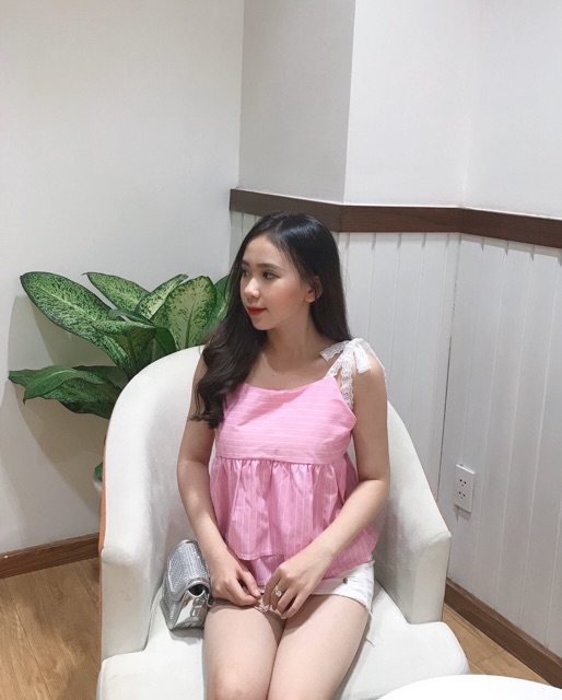 Áo kiểu dây ren babydoll sọc, kèm hình thật hai ảnh cuối