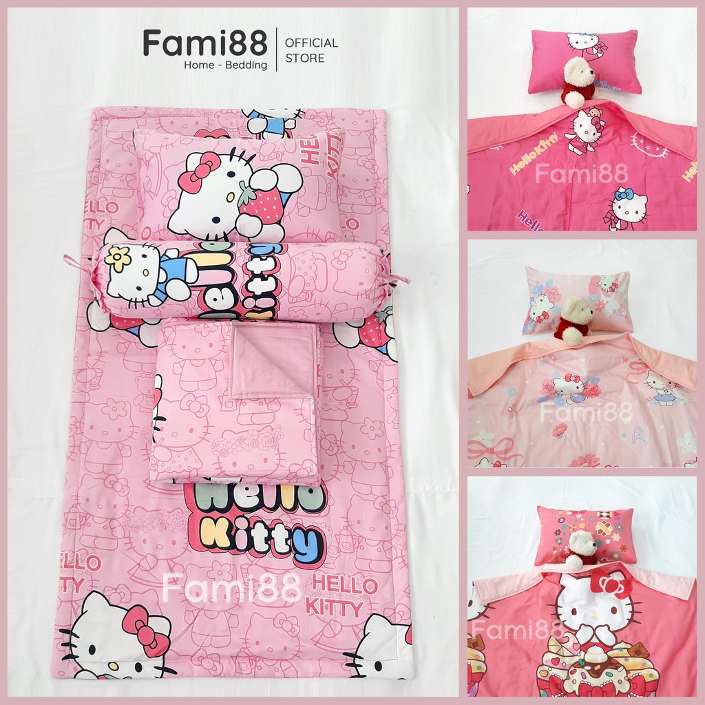 Bộ chăn gối cho bé mầm non tiểu học hình Hello Kitty, chất vải 100% cotton tự nhiên mềm không bụi thấm hút.