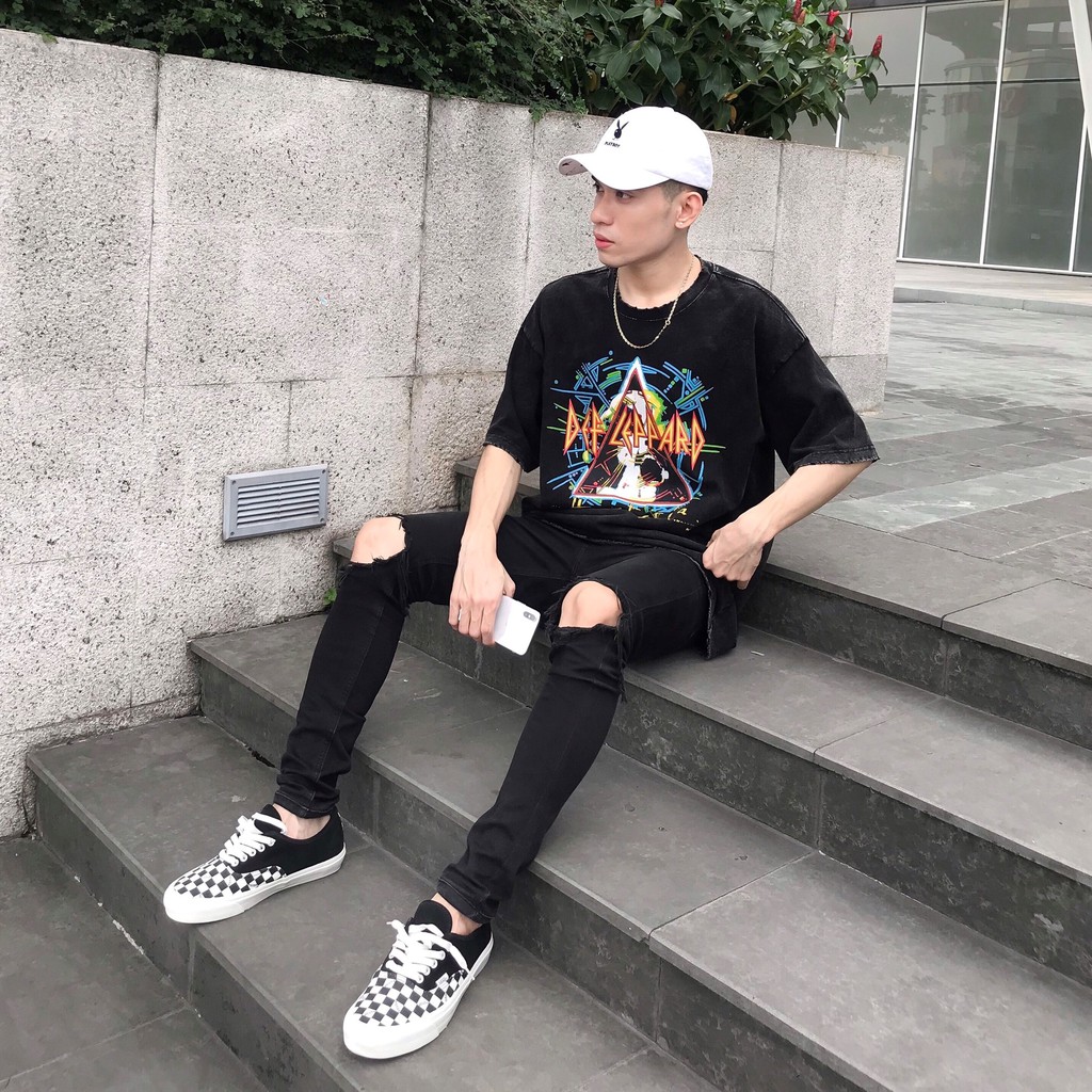 Quần jean nam streetwear cao cấp FNOS NZ5 màu đen rách gối form slimfit jean thun co giãn | BigBuy360 - bigbuy360.vn