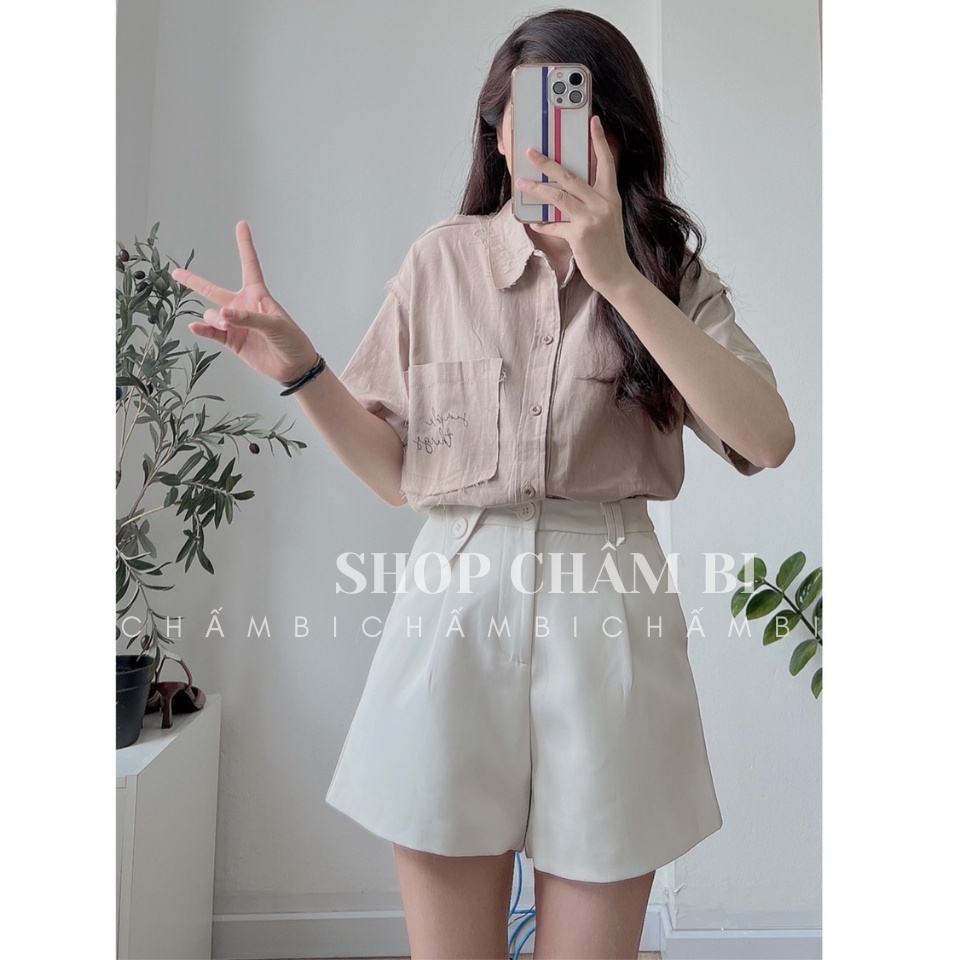 Áo sơ mi basic A.315, Áo sơ mi cộc tay túi ngực chữ thêu SIMPLE THINGS cách điệu - Thời trang nữ Chấm Bi