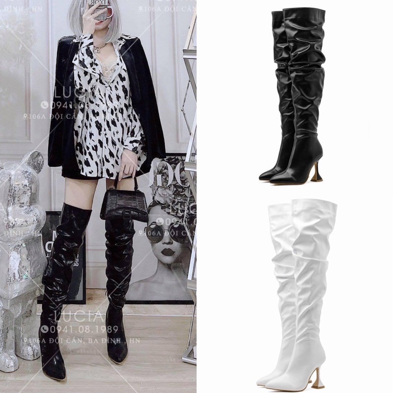 Bốt boot đùi nhăn gót nhọn fullbox hàng quảng châu cao cấp