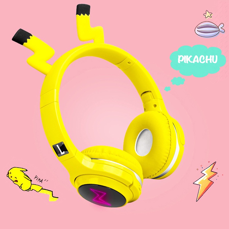 Tai Nghe Chụp Tai Bluetooth Không Dây Pikachu Màu Vàng Cute Dễ Thương Đèn LED Sáng Độc Đáo Âm Thanh Sống Động - Giá Rẻ