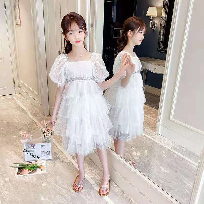 Đầm Công Chúa Ngắn Tay Phối Lưới Thời Trang Phương Tây Cho Bé Gái 1-11 Tuổi