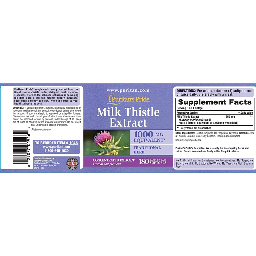 Viên uống bổ gan, giải độc gan Puritans Pride Milk Thistle Extract 1000mg 180 viên.
