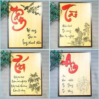 Tranh thư pháp - chữ đức,trí,hiếu,tài,tâm,nhẫn,an,tín - chất liệu gỗ