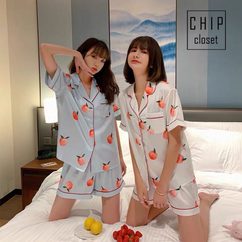 Bộ Đồ Ngủ Mặc Nhà Lụa Satin Cao Cấp  Bộ Pijama Lụa Chất Mát Hoạ Tiết Trái Cây 4 Màu Mùa Hè CC010
