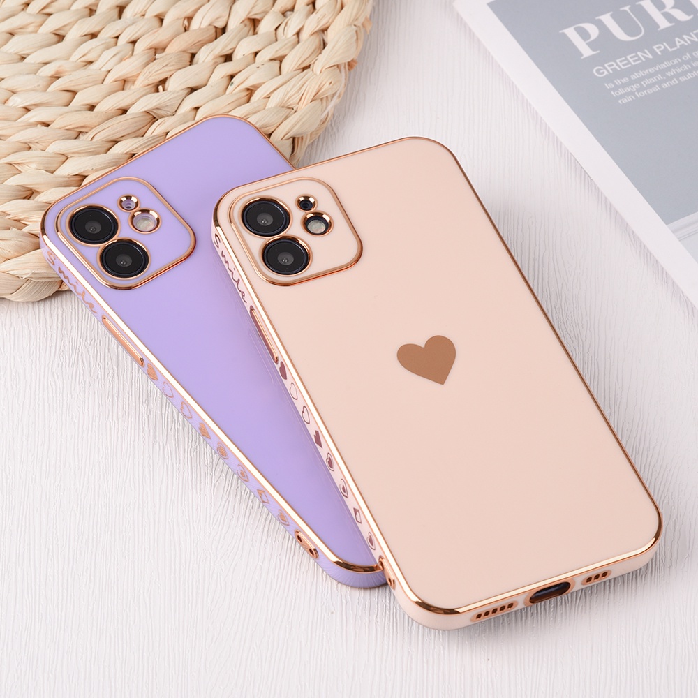 Ốp Điện Thoại Vuông Mềm Mạ Viền Hình Trái Tim Bảo Vệ Ống Kính Máy Ảnh Cho iPhone 11 12 13 Pro Max 7 8 Plus