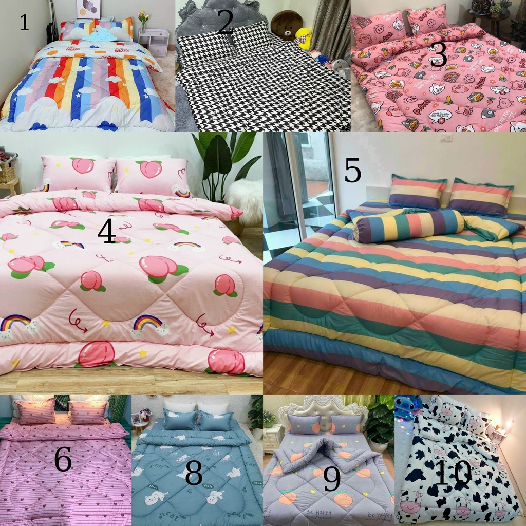 Trọn bộ 5 món ga gối chăn phao poly cotton có ruột bông dày chất lượng tốt