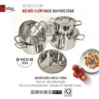 Bộ nồi inox cao cấp bếp từ Fivestar Plus 4 chiếc 3 lớp đáy liền inox 304 nắp inox