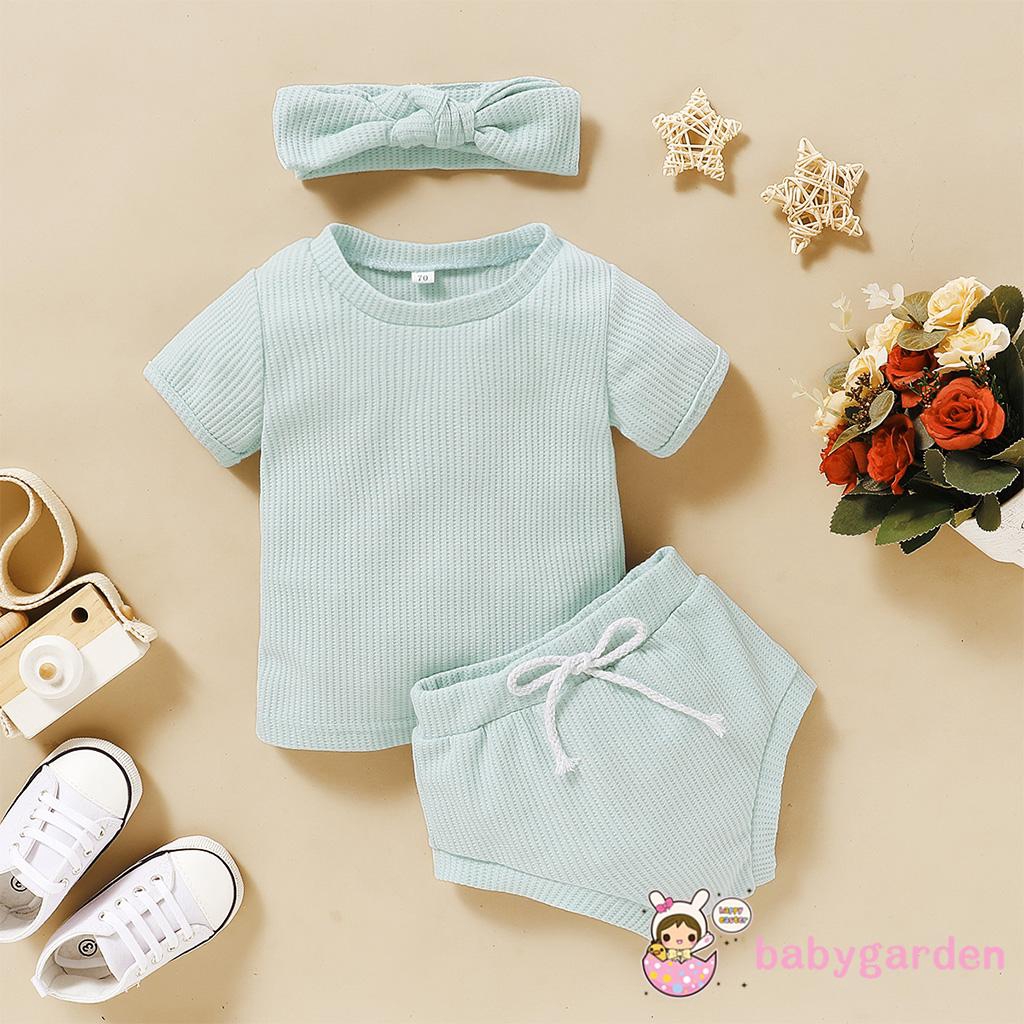 Bộ 3 Cái Gồm Áo Cotton Ngắn Tay+Quần Ngắn+Băng Đô Cho Bé Sơ Sinh, Bé Gái