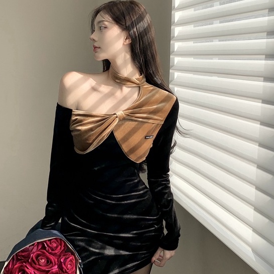 Váy Body Trễ Vai Dây Cổ Nơ Ngực LSEOUL V1269 Chất Nhung Mềm Mịn Ngọt Ngào Nữ Tính