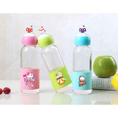 Bình nước mèo may mắn lá cây 400ml BNCI5 thuỷ tinh bình nước maneki neko cute chai nước dễ thương