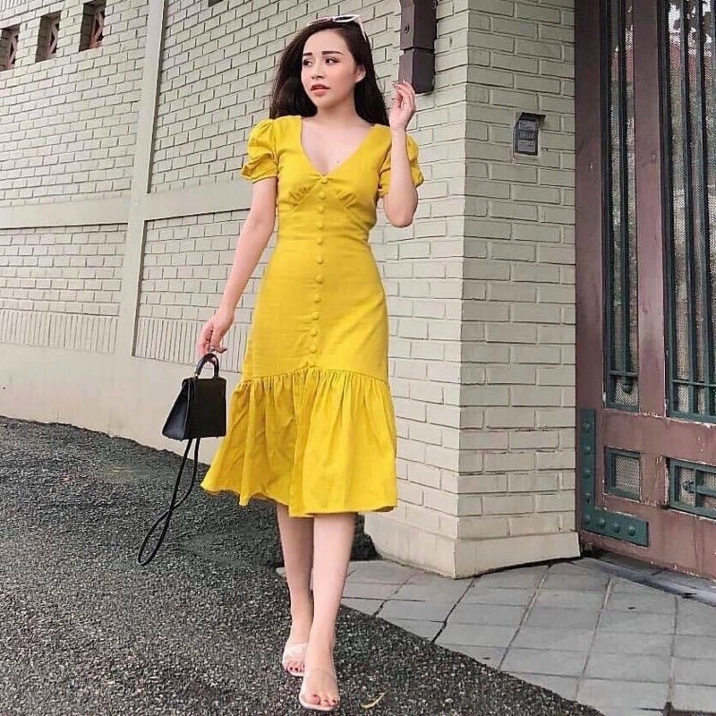 Đầm đuôi cá cổ V nút bọc ( kèm hình thật) | BigBuy360 - bigbuy360.vn