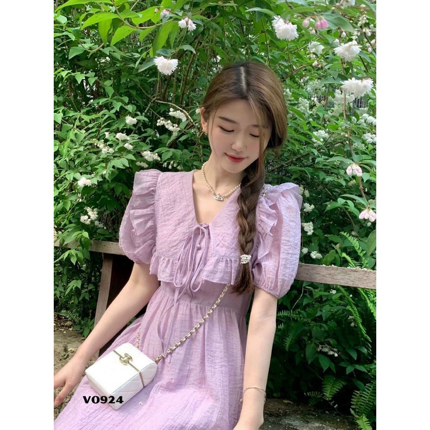 Đầm xòe cổ tim nơ ngực phối bèo bánh bèo xinh xắn