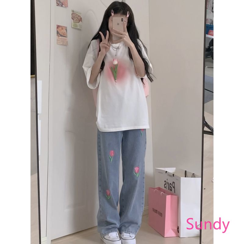 Áo Thun Cổ TròN HọA TiếT Hoa ThờI Trang Cho Nữ