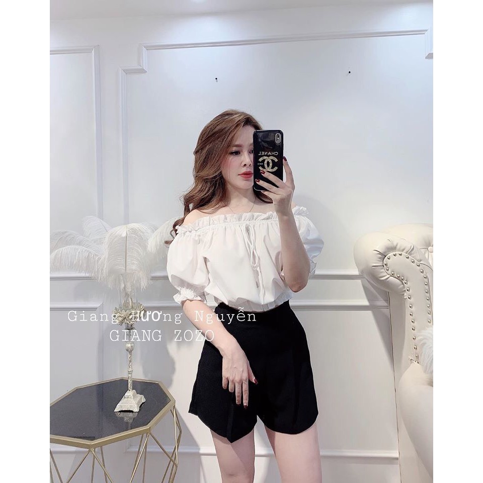 SET ÁO TRỄ VAI BÈO TRẮNG MIX QUẦN ĐÙI UMI ĐEN HOT