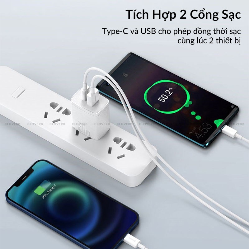 Baseus - Củ Sạc Nhanh 20w Cho iP12/13/14 Pro Max, Tích Hợp 2 Cổng Sạc USB-C và USB-A, Chip Sạc Thông Minh Bảo Vệ Pin