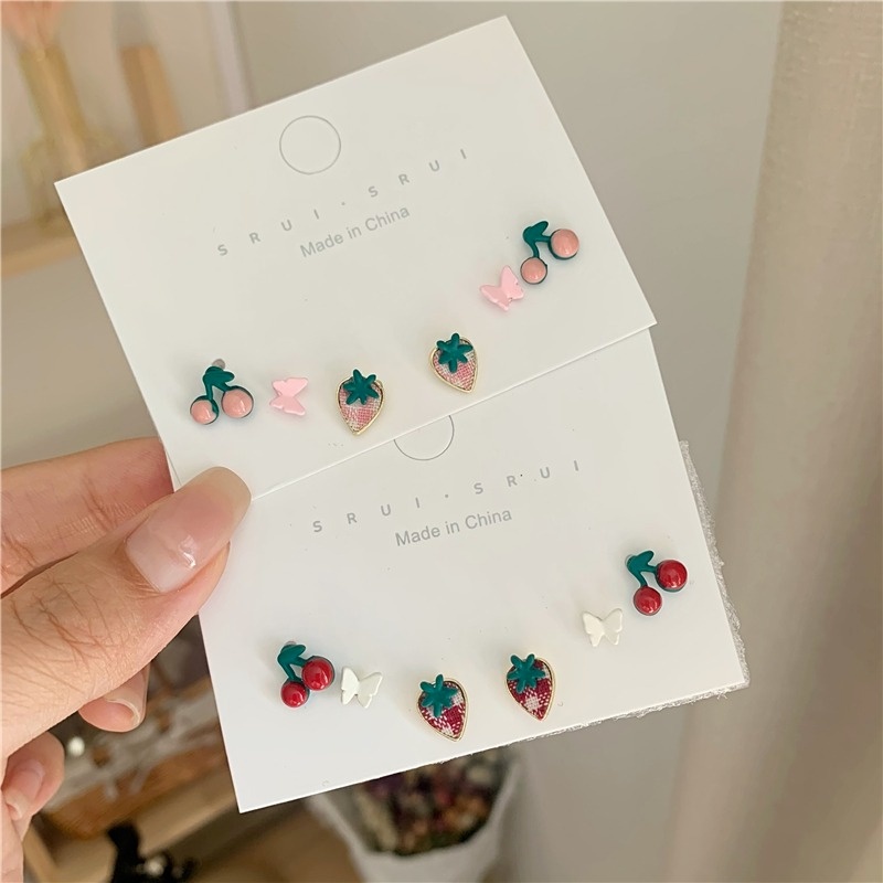 Set 6 Cặp Khuyên Tai Hình Trái Tim/Bướm/Quả Dâu Tây/Bướm Phong Cách Retro Thời Trang Dành Cho Nữ