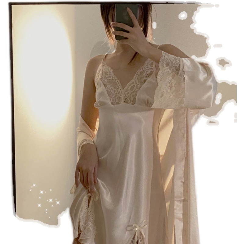 {Nightgown} Bộ Đồ Ngủ Vải Lụa Băng Mỏng Phối Ren Quyến Rũ Phong Cách Năm 2021 + Áo Choàng Ngoài UTtG * - && & & - & - & & | BigBuy360 - bigbuy360.vn