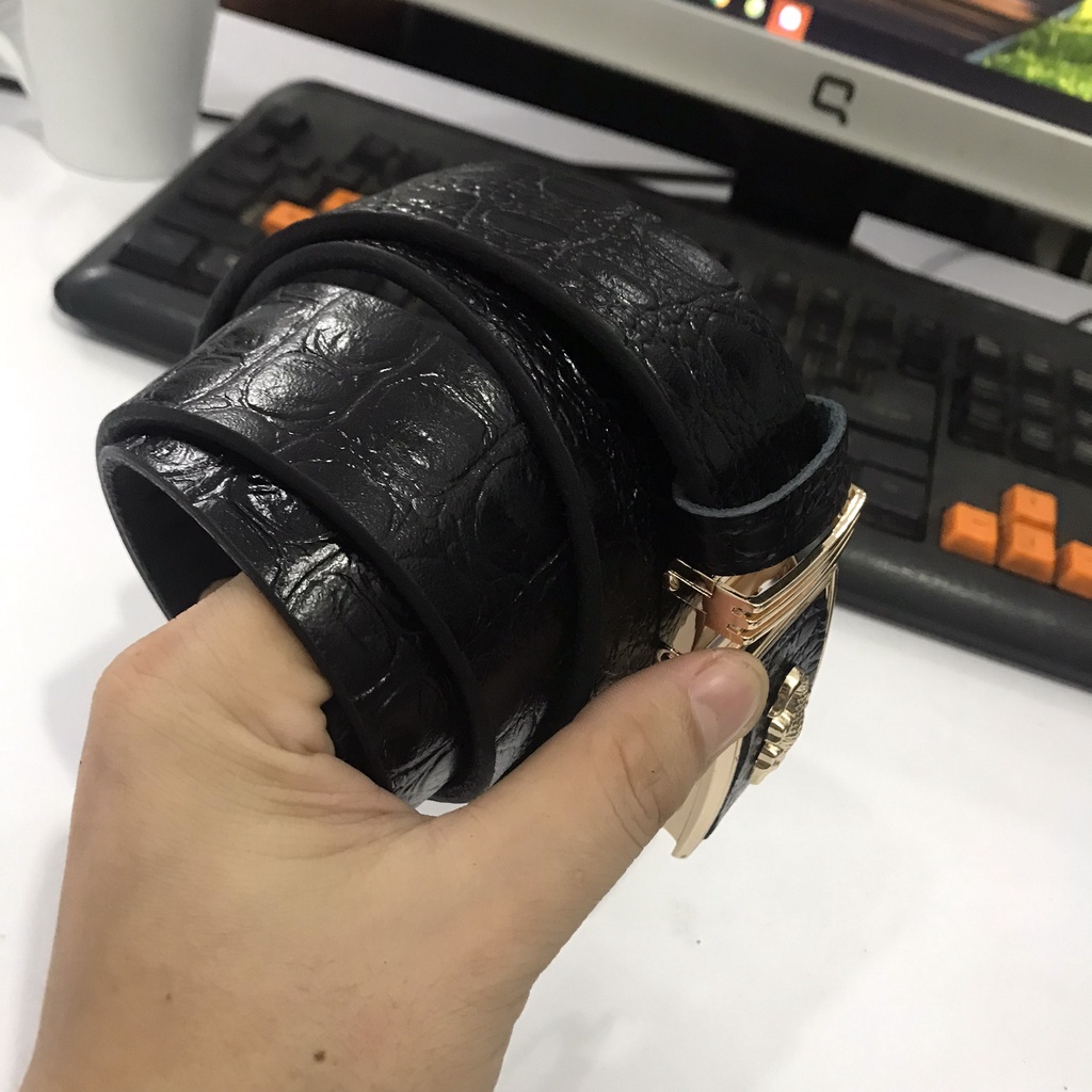 Dây Nịt Nam Da Bò Nguyên Miếng 1 Lớp Dập Vân Cá Sấu Mặt Khóa Tăng Tự Động Màu Gold