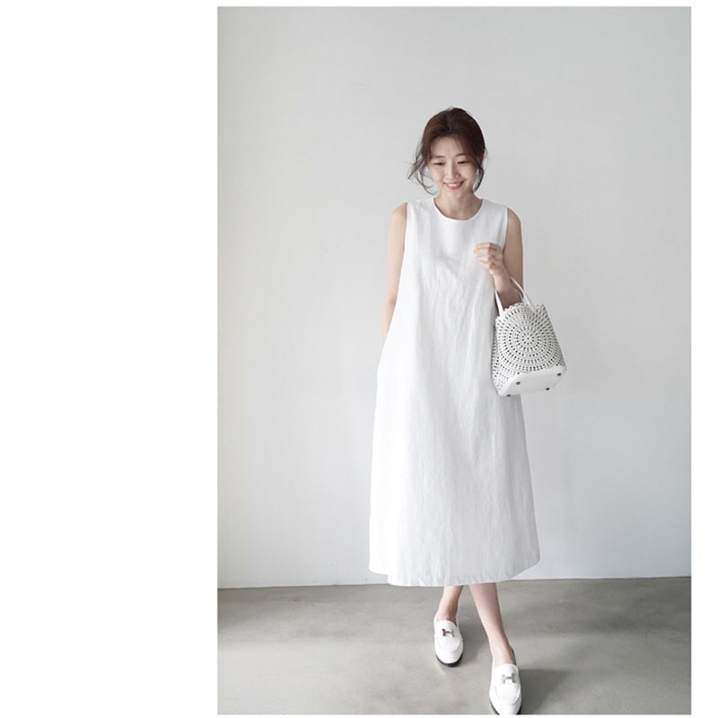 IELGY IELGY Đầm cotton Lanh Sát Nách Dáng Rộng Thời Trang Hàn Quốc Cho Nữ