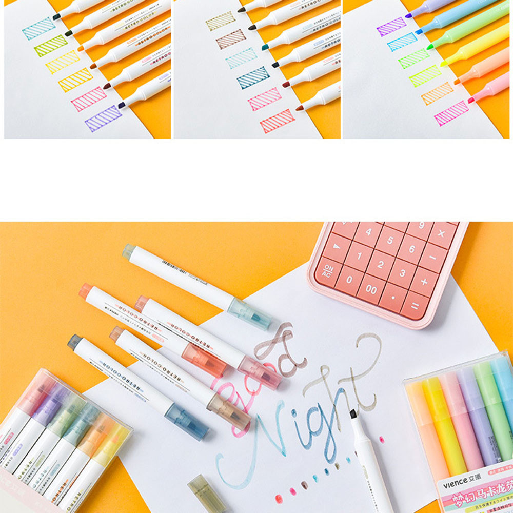 Cod Qipin 6pcs Macaron Double-ended Highlighter Drawing Color Marker Pen Set Stationery School Supplies