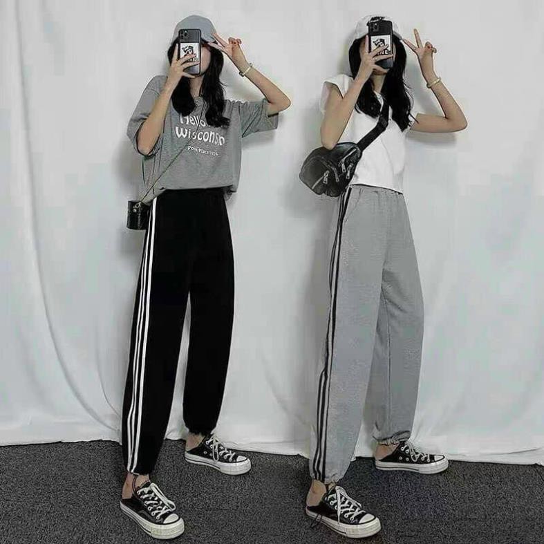 Quần Thể Thao 3 Sọc Dây Rút Unisex [FREESHIP] 🌸 Jogger thun da cá ống bo, quần thể dục màu ĐEN | XÁM Ulzzang HOT 🌸