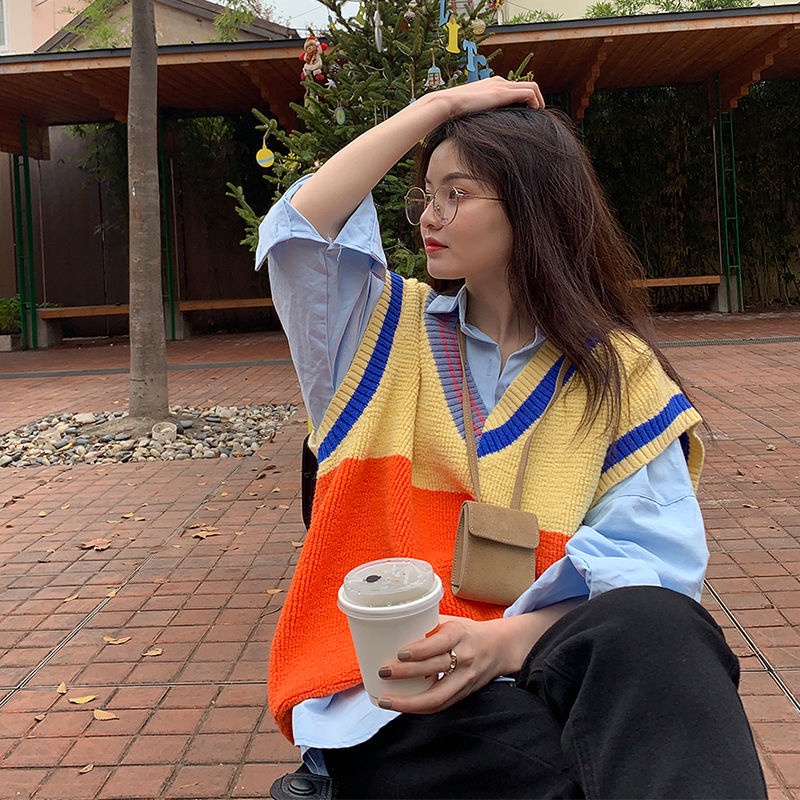 Áo dệt kim sát nách dáng rộng phối màu tương phản kiểu Hàn Quốc thời trang cho nữ