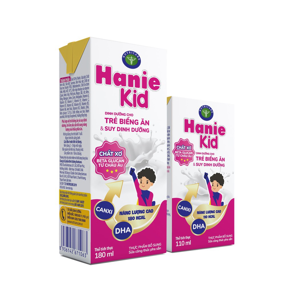 Thùng sữa bột pha sẵn Nutricare Hanie Kid - dinh dưỡng cho trẻ biếng ăn & suy dinh dưỡng trên 1 tuổi (110ml x 48 hộp)