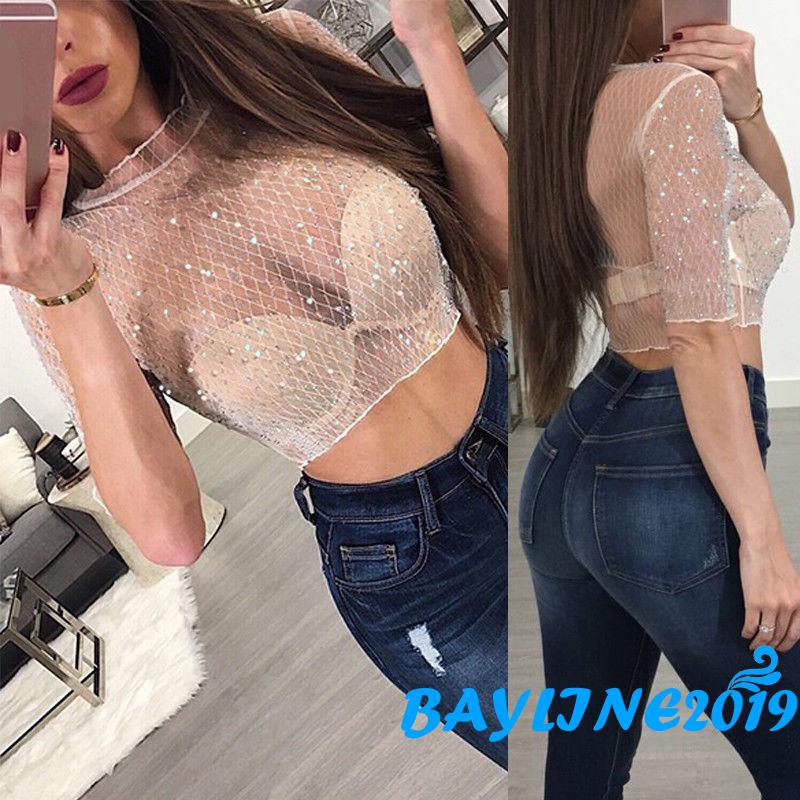 Áo Croptop Lưới Tay Lửng Xuyên Thấu Đính Kim Sa Lấp Lánh Dành Cho Nữ
