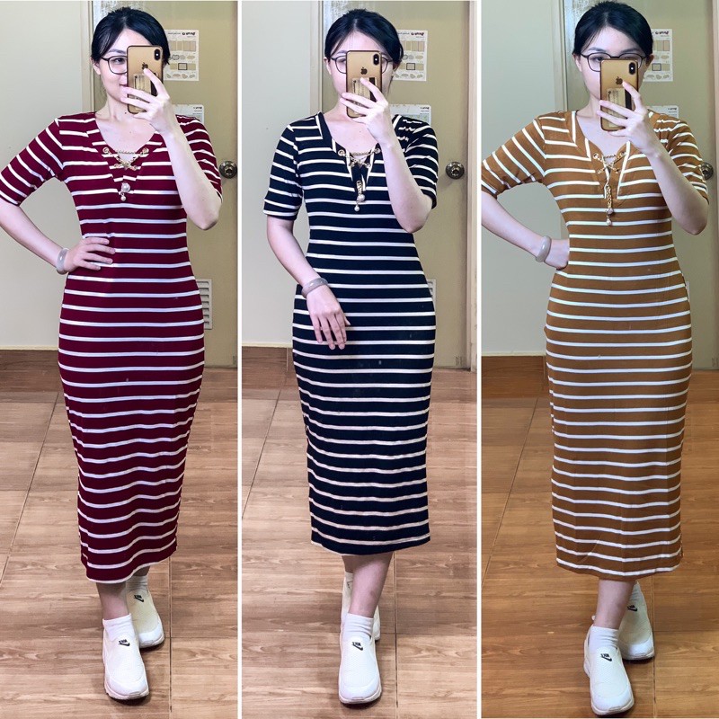 Đầm body thun cổ tim xẻ tà kẻ sọc freesize dươi 65kg (Bầu mặc được)