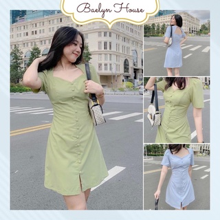 Váy khuy cúc bọc, đầm hở lưng dáng chữ A màu xanh cốm và xanh ngọc cho nữ