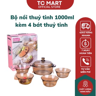 Bộ nồi thủy tinh 1000ml kèm 4 bát ăn cơm 320ml chịu nhiệt tốt làm quà tặng sang trọng - Đồ gia dụng, dụng cụ nhà bếp