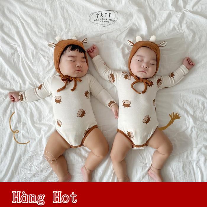 (Giảm Mạnh) Bộ Áo Liền Quần Cotton Tay Dài + Nón Hình Bò Sữa Dễ Thương Cho Bé Sơ Sinh